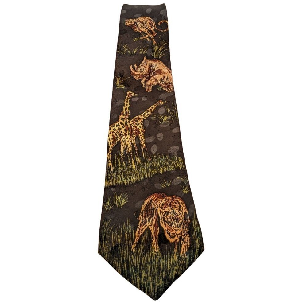 Vintage Necktie Jungle Safari Wild Animal Zoo Novelty Tie Classic Black Broadway